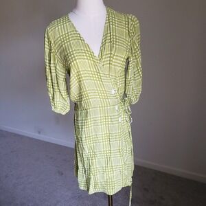 Faithfull The Brand Green Checkered Wrap Mini Dress Puff Sleeve US 8 Cottagecore